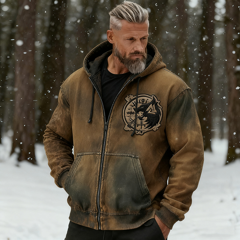 Men's Vintage Viking Symbol Wolf Totem Distressed Zip Hoodie elevenforest
