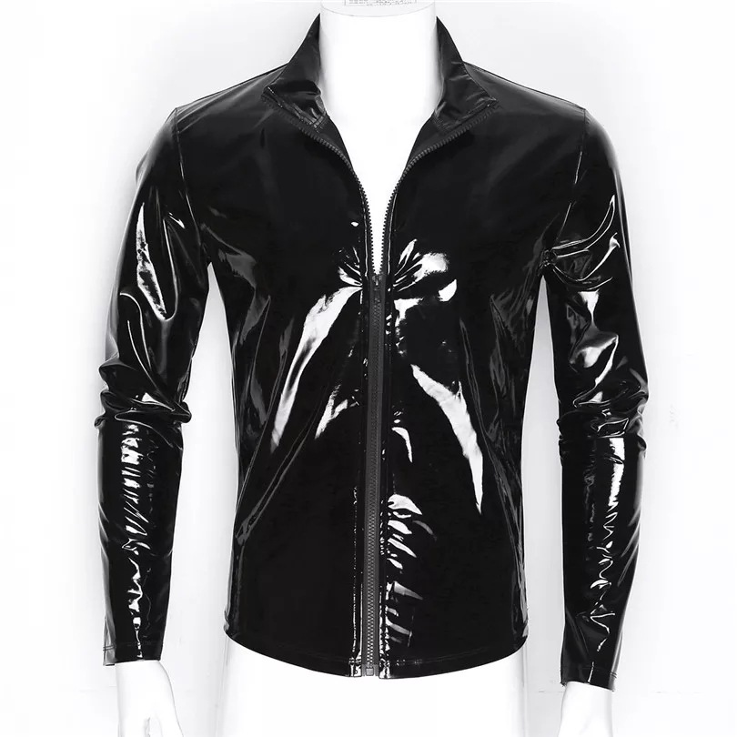 Soft Patent Leather Long sleeved Tight Men's T-shirt