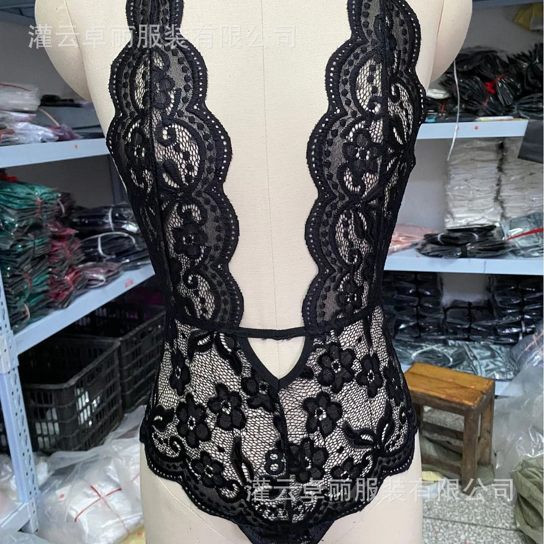 Uveng Women's Lingerie Women's Autumn Lace Eyelash V Collar Splicing Sex Suit