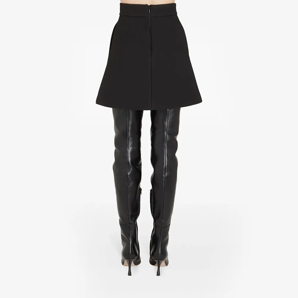 Women's Black Faux Leather Pointed Toe Side Zipper Thigh High Boots