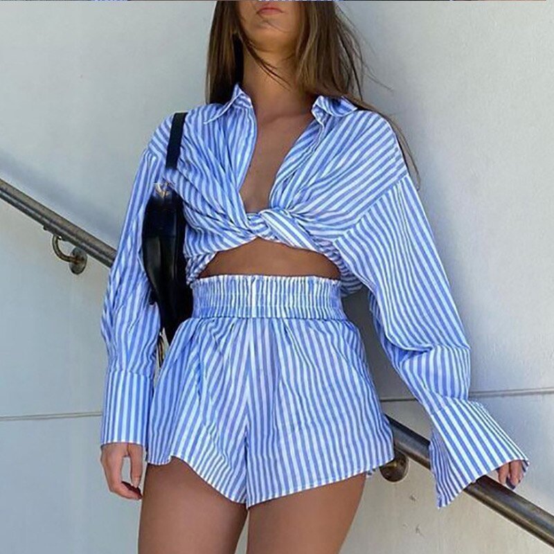 Women Stripe Shorts Set Loung Wear Tracksuit 2021 Summer Long Sleeve Shirt Tops And Loose High Waisted Mini Shorts Two Piece Set