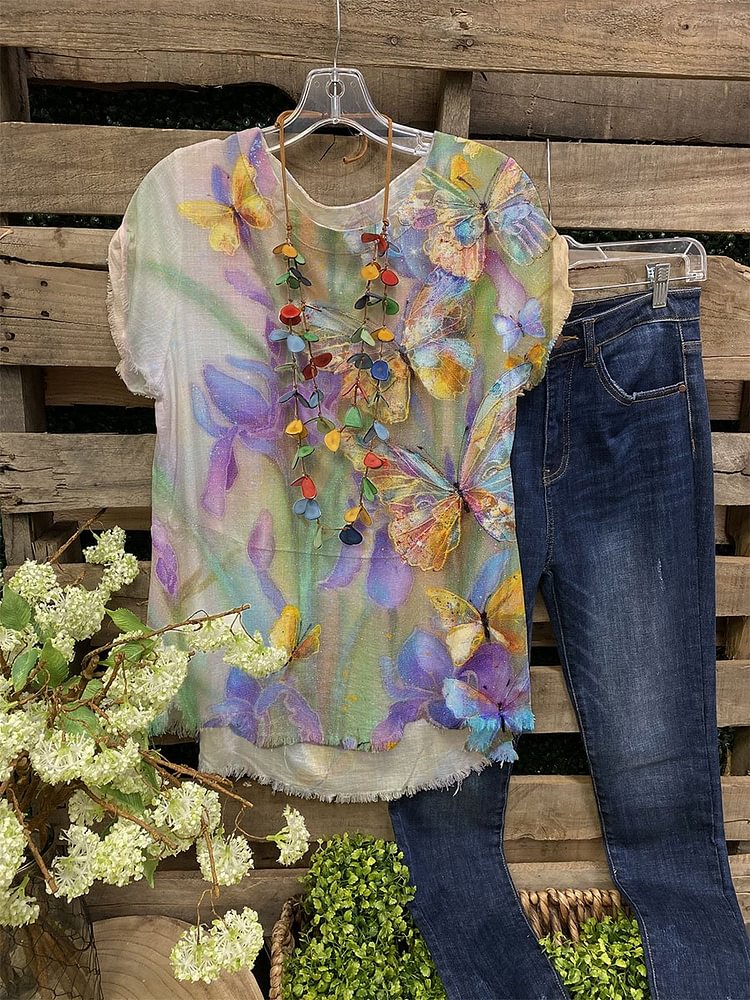 Butterfly Casual O-neck Print top-Mayoulove