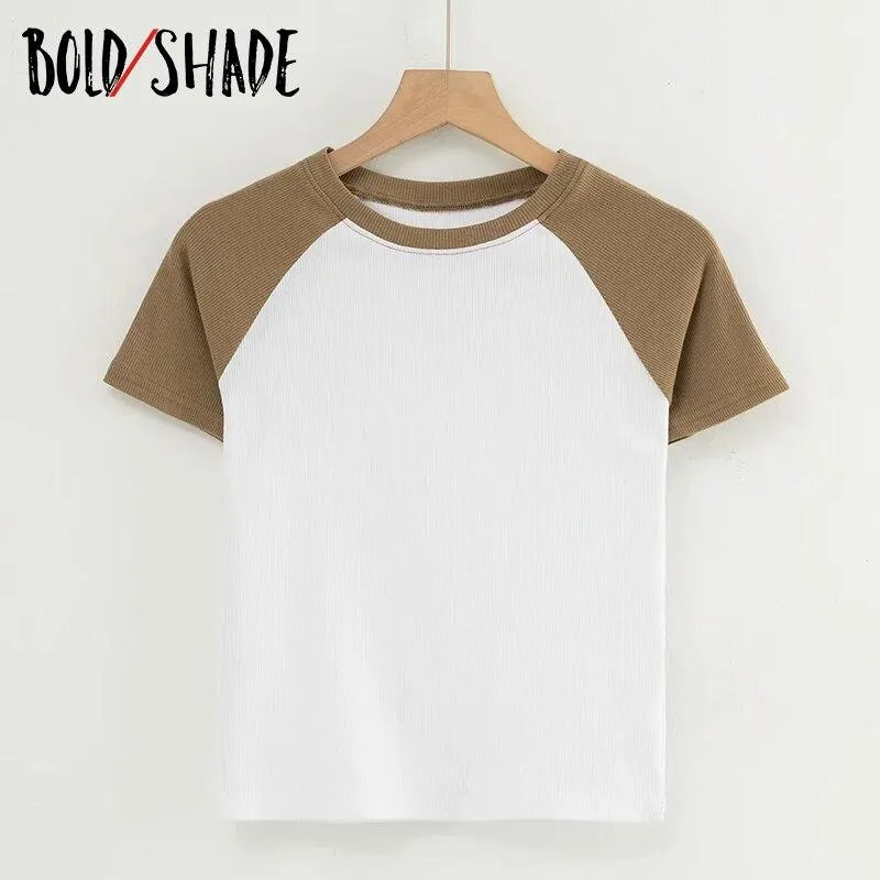 Bold Shade Grunge Street Style Vintage Tees Colorblocking Solid Crop T-shirts Indie Women Skater Fashion Slim Tshirt Basic 2021