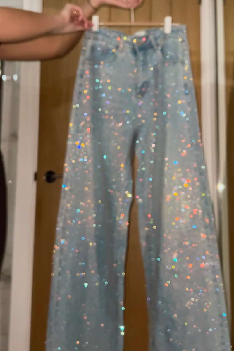 Rhinestone Embellished High Waist Wide Leg Straight Denim Jeans image 4