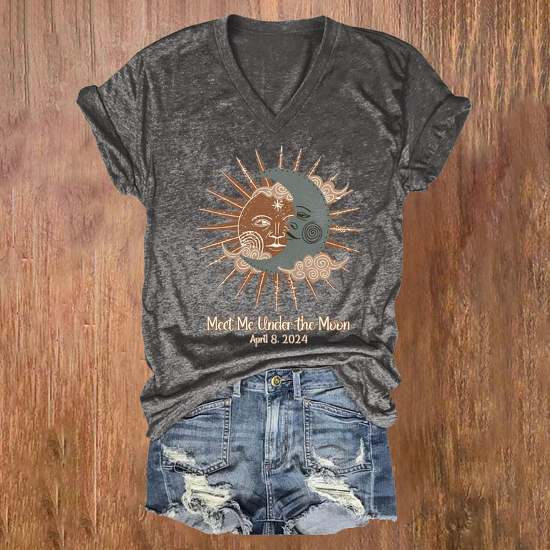Comstylish Vintage 2024 Total Solar Eclipse Print V-Neck T-Shirt