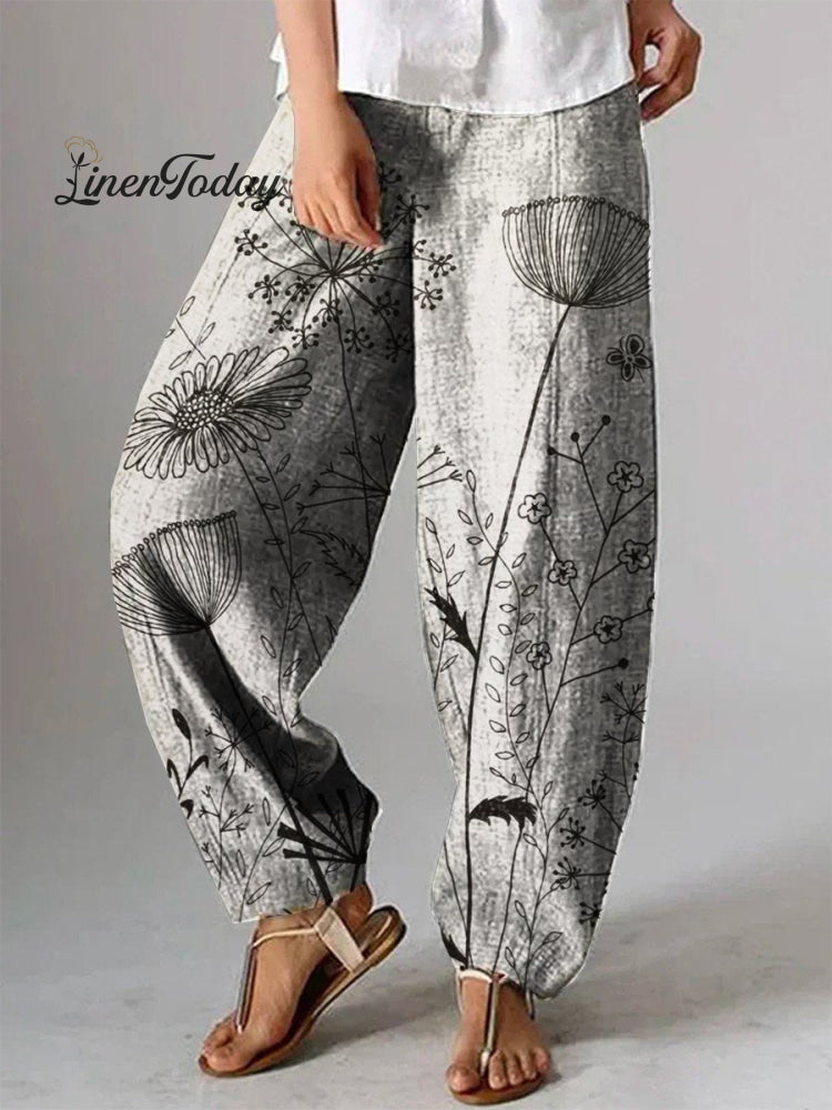 Simple Floral Print Casual Pants Multicolor / S