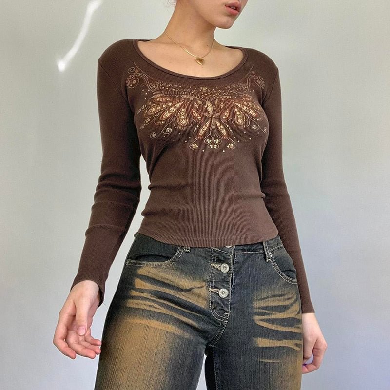 Xingqing Retro Graphic Print Y2K Tops Aesthetic 90s Chic Vintage Harajuku Brown Cloth Autumn Crewneck Casual Cotton Tshirts