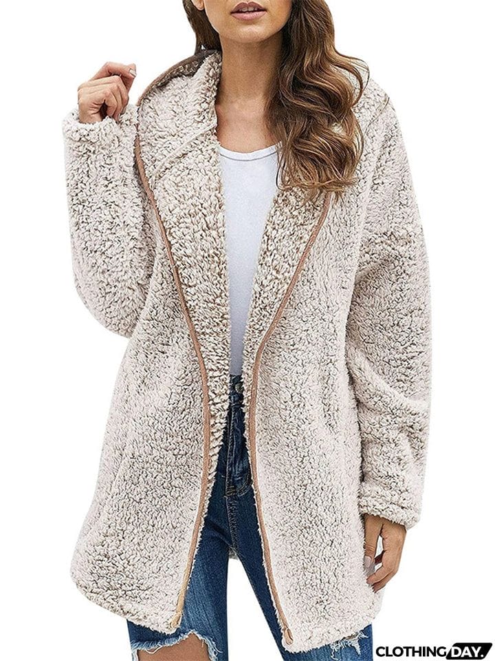 Ladies Casual Solid Color Hooded Plush Fleece Coats
