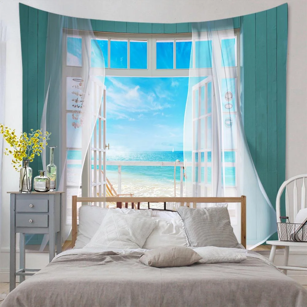 3D Beautiful Window Landscape Tapestry Wall Hanging Tropical Tree Tapestry Art Home Decoration Simulation Sea Sunrise Home Dorm