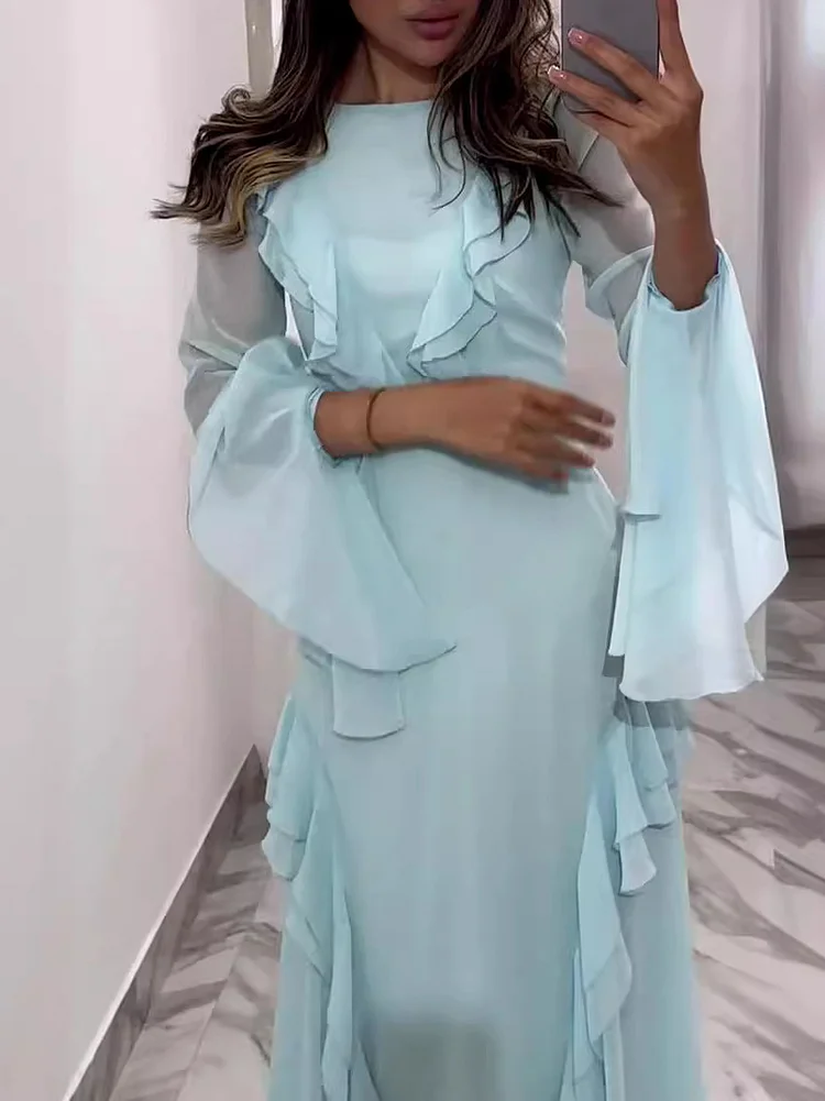 Round Neck Ruffled Long Sleeve Maxi Dress