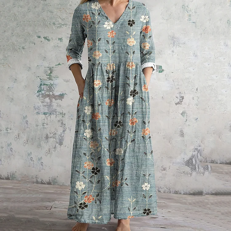 Simpfit Vintage Floral Art Print Damen Nachahmung aus Baumwolle und Leinenkleid