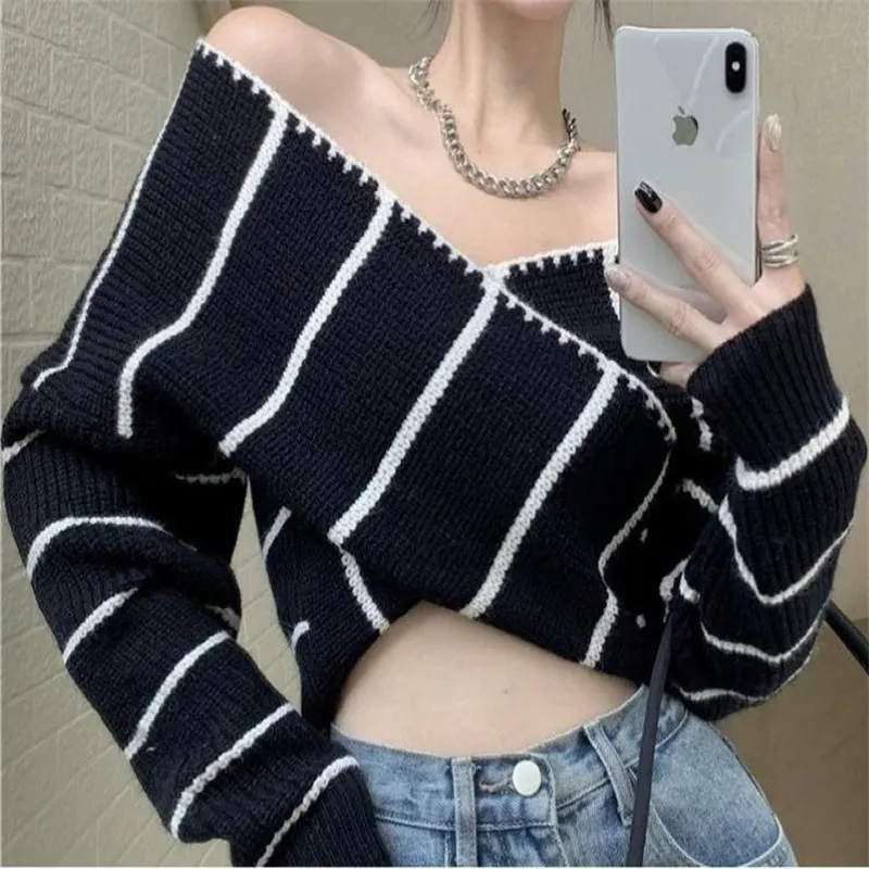 Churchf Churchf Girl Cross One Word Shoulder Striped Top Spring New Chic Retro Sexy Off The Shoulder Long Sleeves Show Skinny Knit