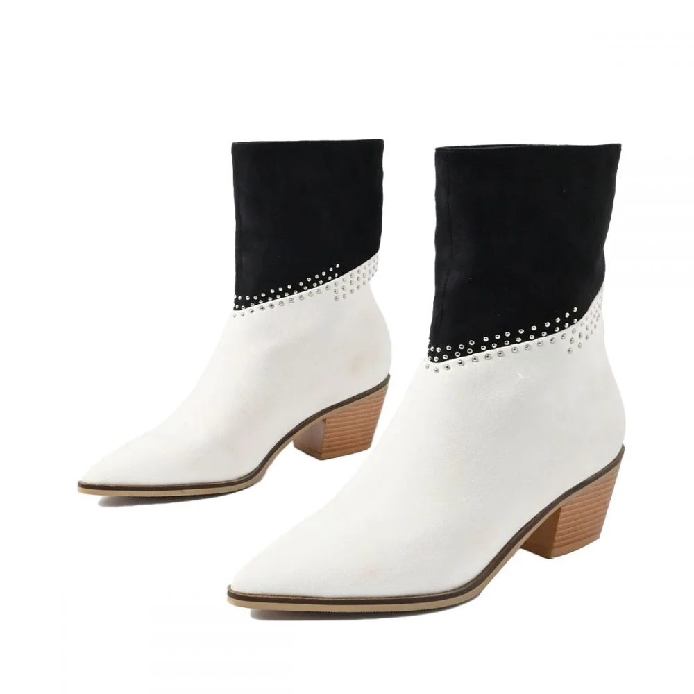 Black And White Suede Booties Pointed Toe Cowgirl Ankle Boots Nicepairs