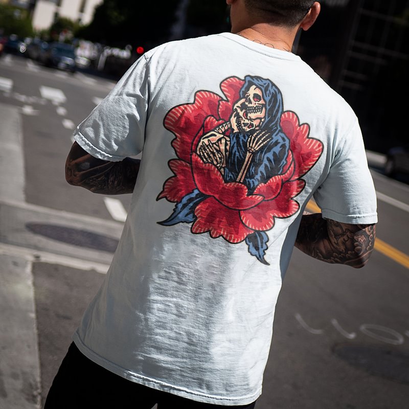 Rose skull print men's casual tees designer - Krazyskull