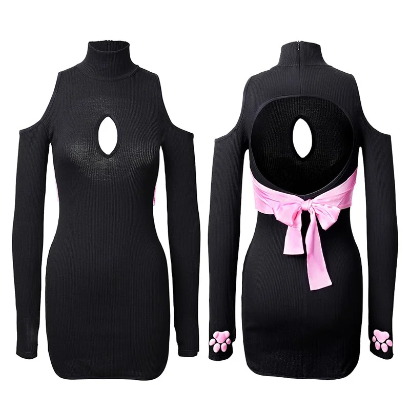 Billionm OJBK Japanese Anime Cosplay Costumes Kawaii Turtleneck Sweater 3D Kitten Claw Dress Sweet Backless Bow Bodycon Dress Plus Size