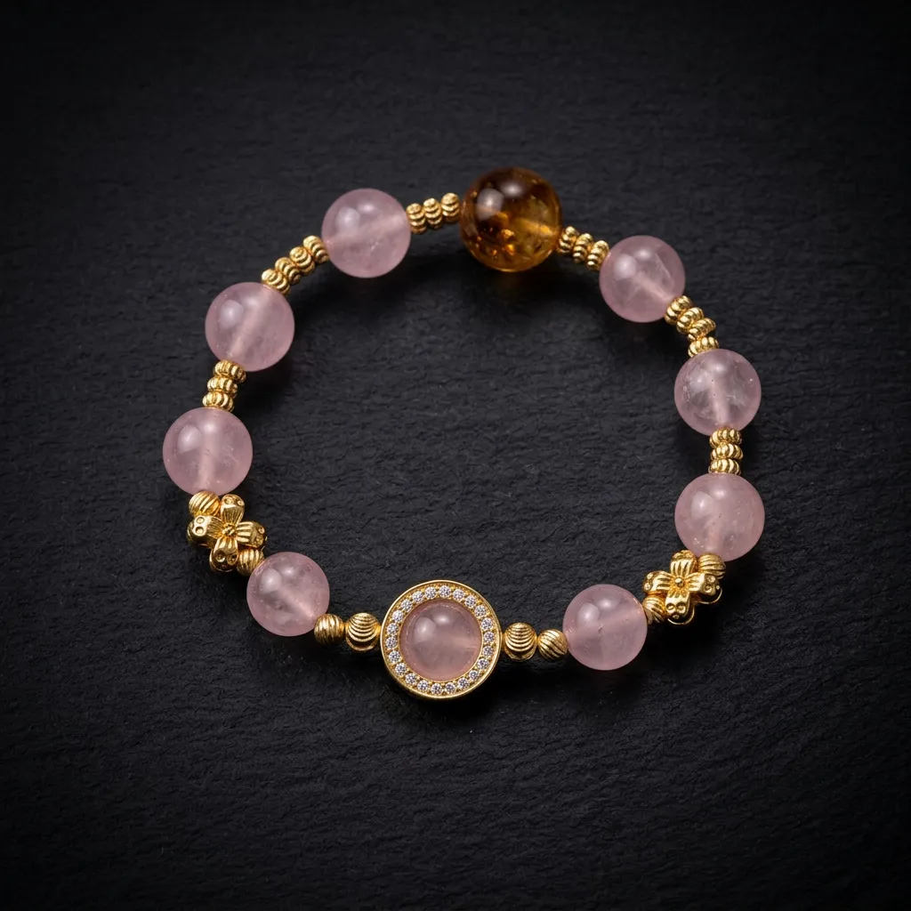 JiStones Celestial Rose Quartz & Sunstone Bracelet &ndash; 18K Gold Plated Niche Design Celestial Rose & Sun Gold