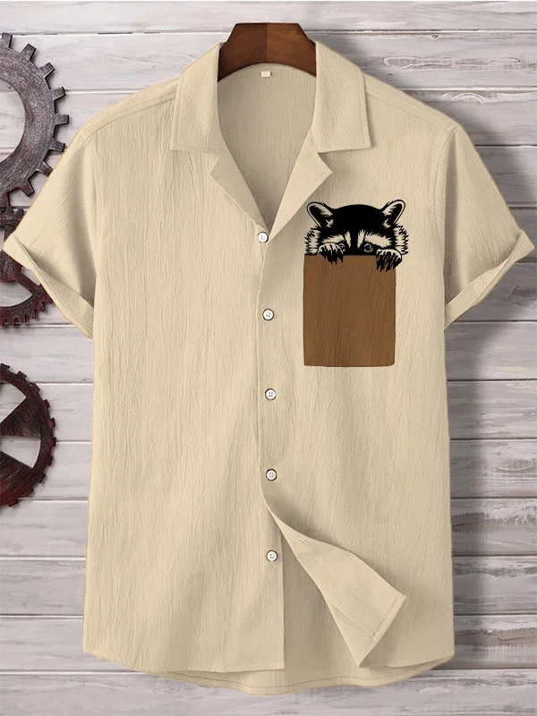 Men's Peeking Raccoon Print Casual Linen Blend Shirt
