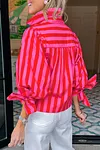 Women's Red Stripe Tie Puff Sleeve Button Down Shirt