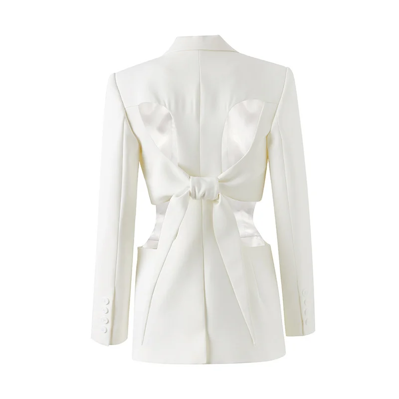 MERUMOTE Women's Lapel Neck Cut Out Waist Flap Pocket Wrap Hem Blazer Top Coat Dress-MERUMOTE