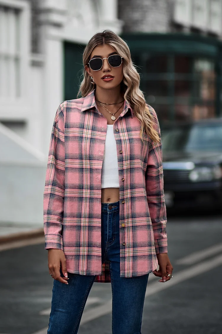 Women's Plaid Coat Oversized Long Sleeve Lapel Button Down Fall Oufit Plaid Shirt