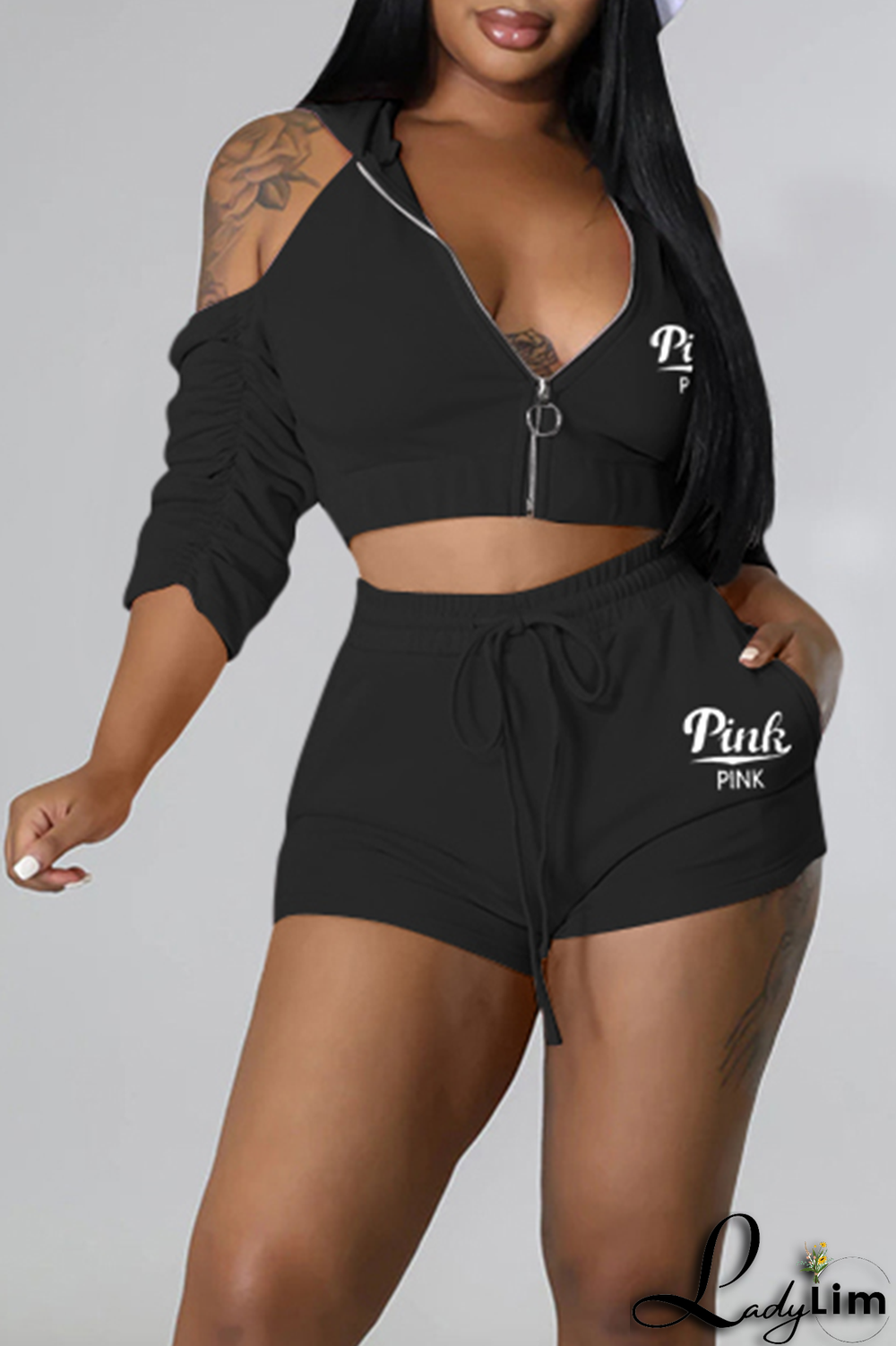 Black Sexy Print Patchwork Hooded Collar Three Quarter Two Pieces