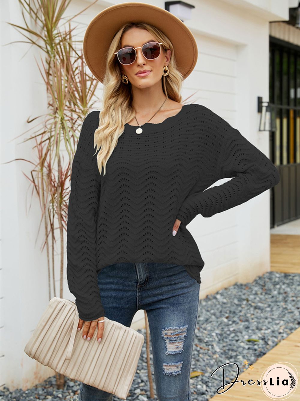 Solid Color Cut-out Pullover Lace Knit Ladies Sweater