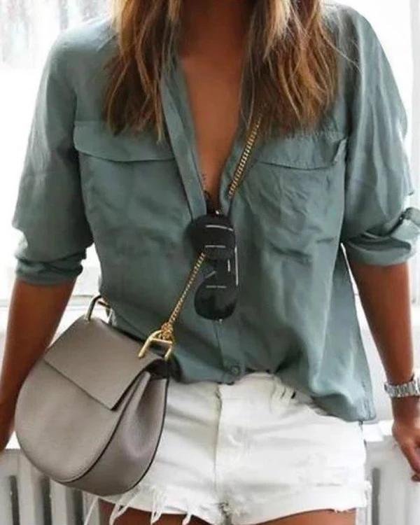 Solid Long Sleeve Shirt Collar Pockets Casual Plus Size Shirts - Chicaggo