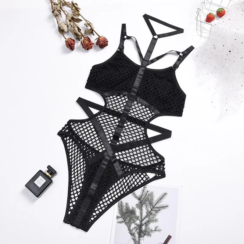 Ellolace Sheer Knit Fish Net Mesh Bodysuit Women Sexy Goth Lingerie Overalls Hollow Out Sleeveless Body Black Lace Top