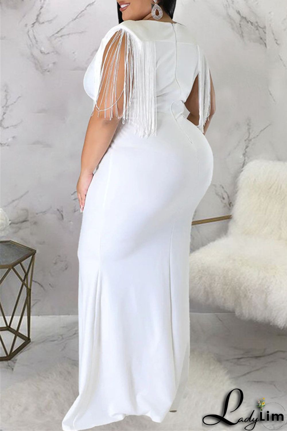 Black Fashion Casual Plus Size Solid Tassel Patchwork V Neck Long Dress