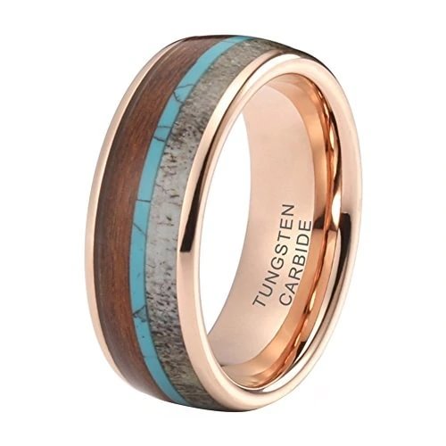 Women's Or Men's Wedding Tungsten Carbide Wedding Band Matching Rings,Rose Gold Band with Blue Calaite Turquoise White Antler and Wood Inlay.Comfort Fit Tungsten Carbide Domed Top Ring With Mens And Womens For Width 4MM 6MM 8MM 10MM