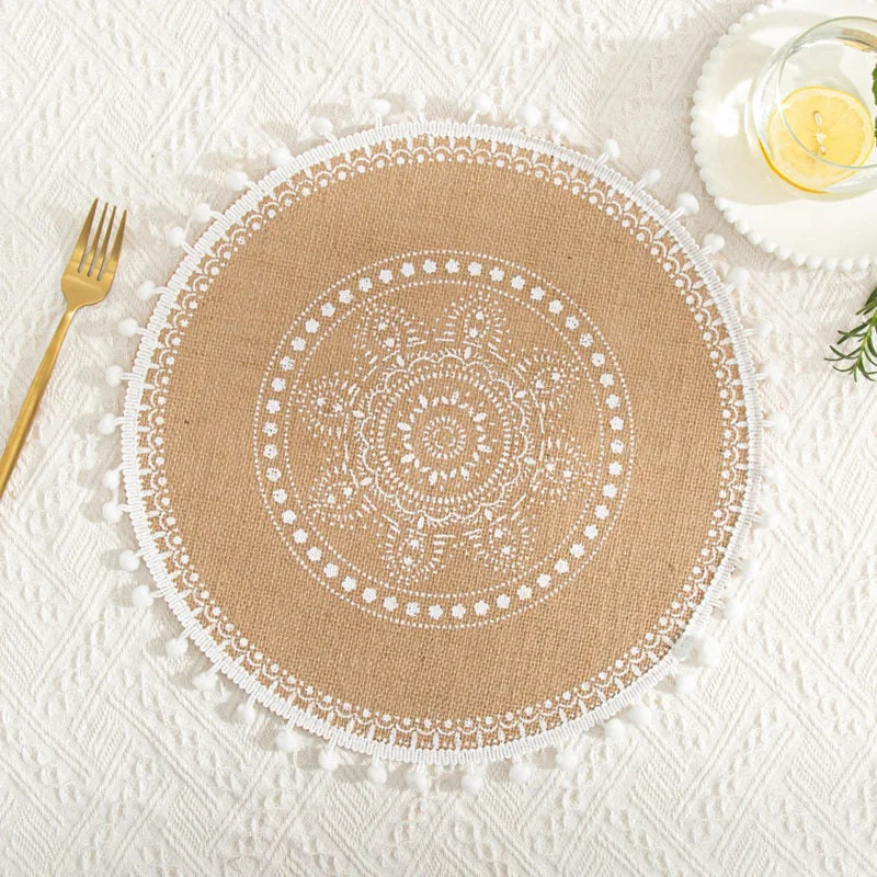 INS Jute Round Placemats Boho Tassels Table Mats Heat Insulation Pads Coffee Cup Mat Rustic Farmhouse Kitchen Decor Photo Props