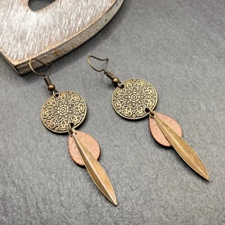 Vintage Circular Carved Wooden Earrings