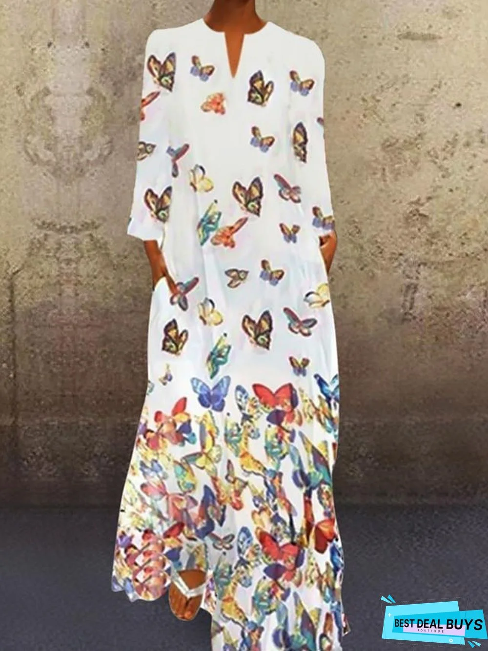 Women's Shift Dress Maxi Long Dress - Long Sleeve Butterfly Spring Fall Hot Loose White Yellow Blushing Pink Light Blue