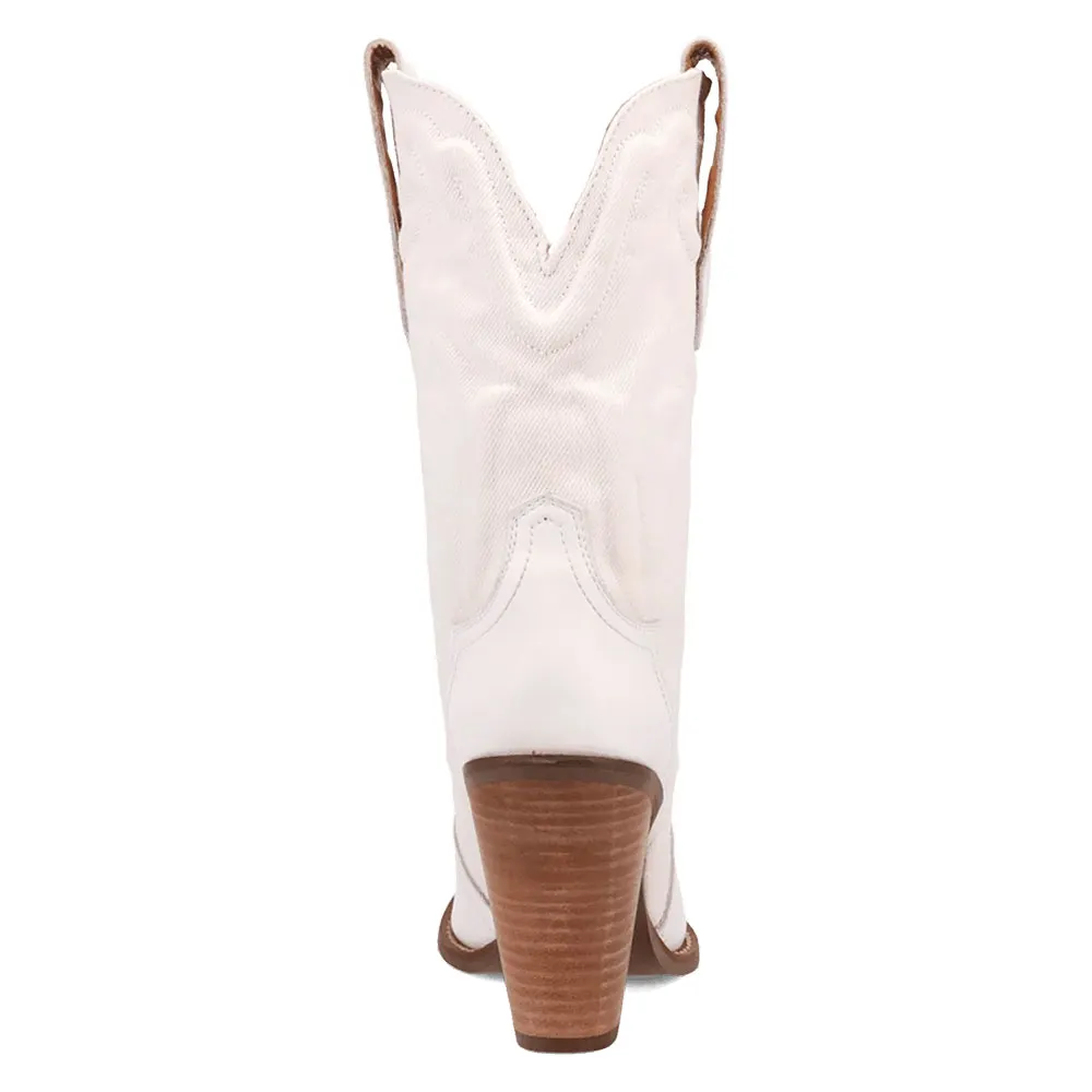 White Pointed Toe Chunky Heel Pull On Stitching Mid Calf Cowgirl Boots