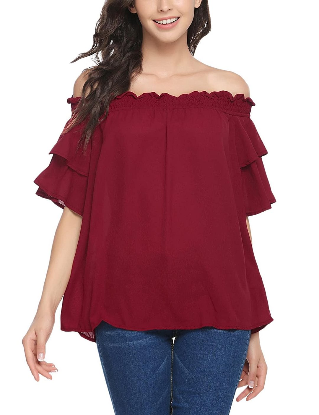 Women's Off Shoulder Bell Sleeve Shirt Casual Loose Chiffon Blouses Sexy Tops