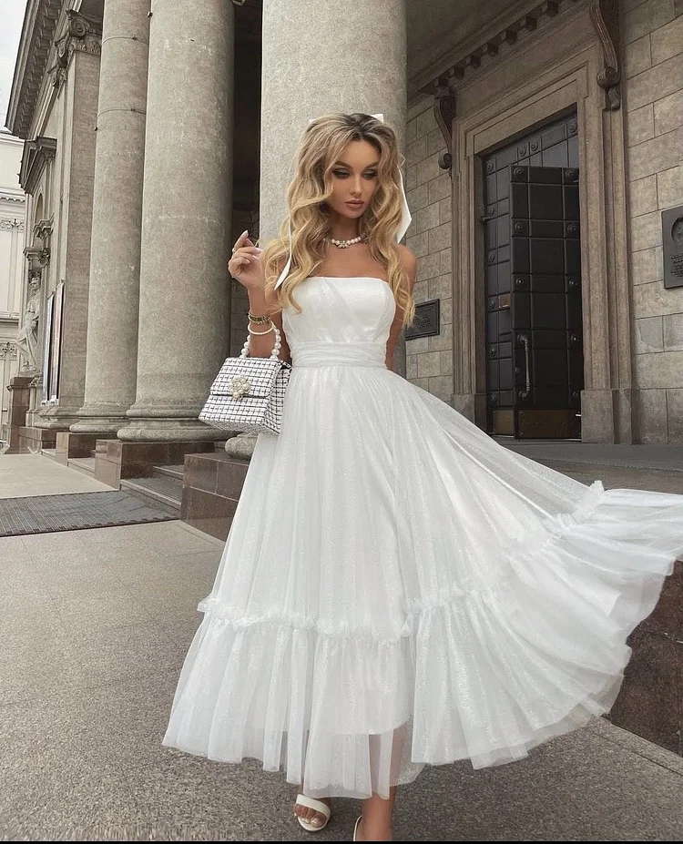 Promsstyle Tube top high waist sweet white princess dress Prom Dress 2023