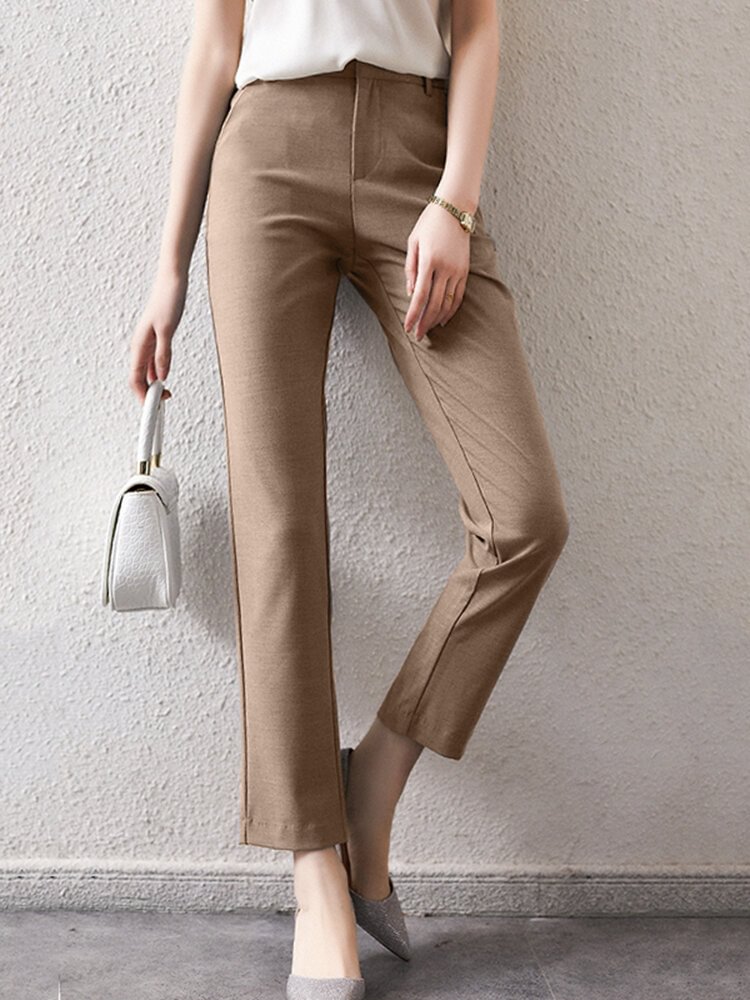 Solid Zip Front Casual Pants For Women