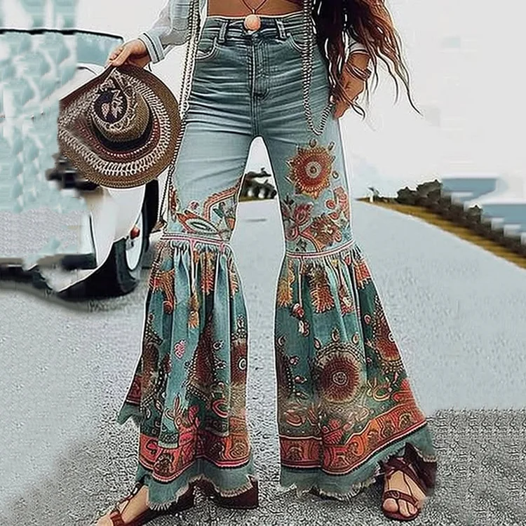 Vintage Boho Floral Ethnic Patchwork Art Button High Waist Wide Leg Jeans