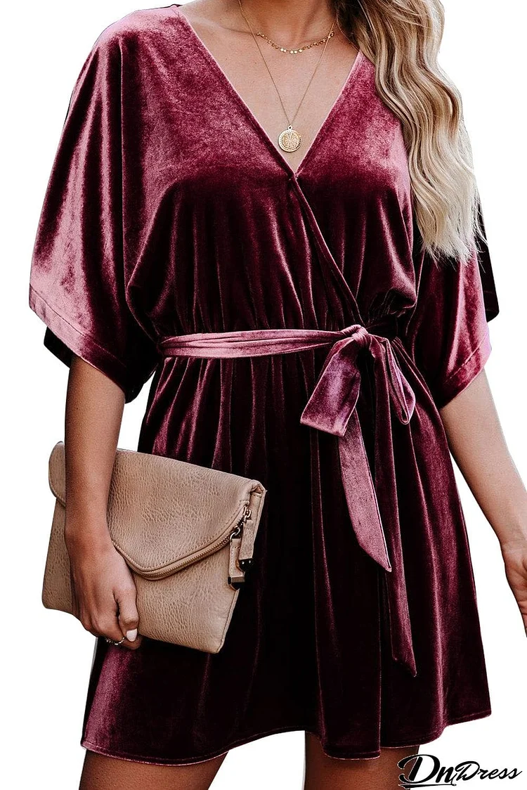 Burgundy V-neck Half Sleeve Velvet Mini Dress with Belt