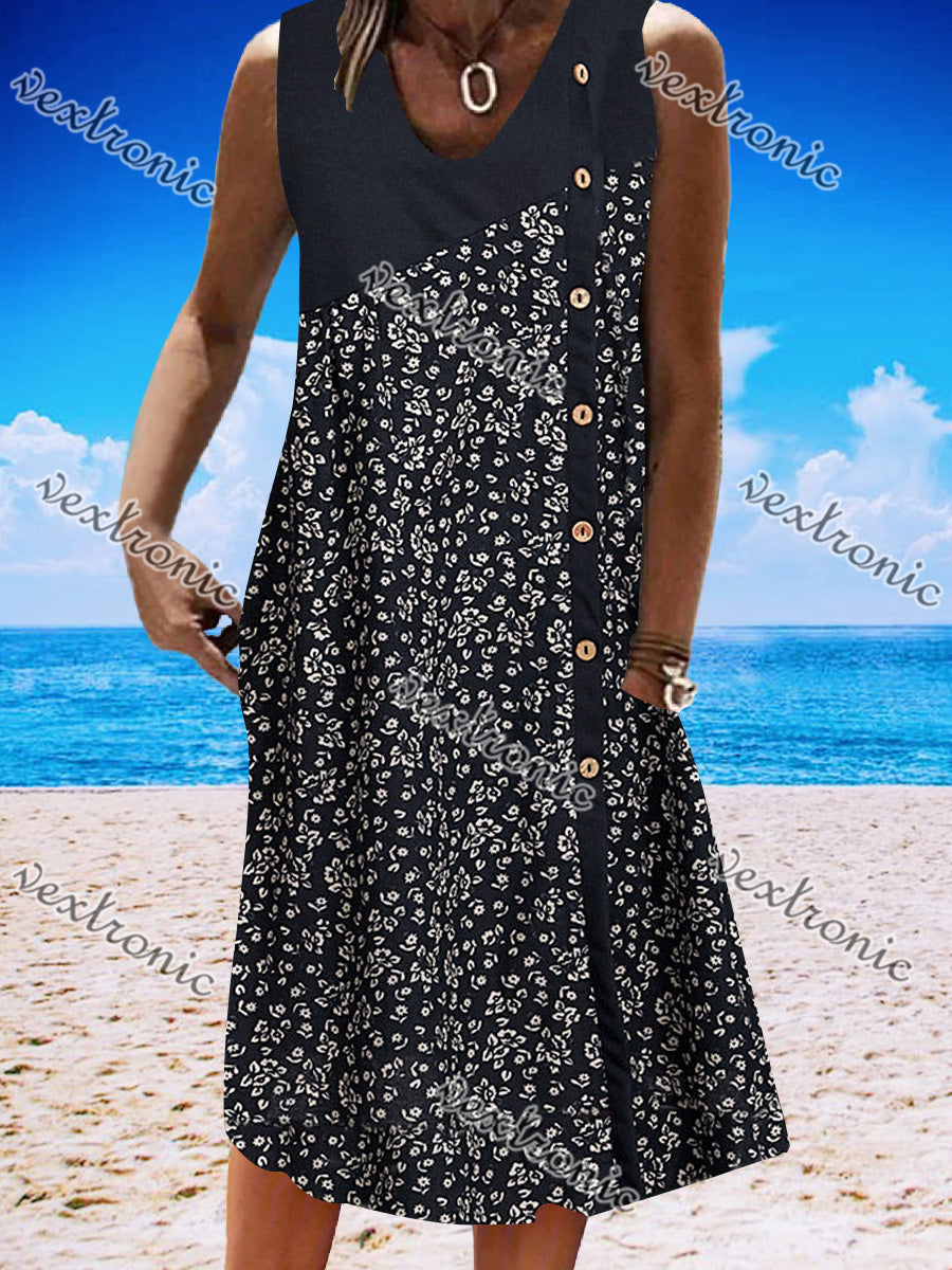 Women's Black Sleeveless Scoop Neck Graphic Floral Printed Buttons Midi Dress