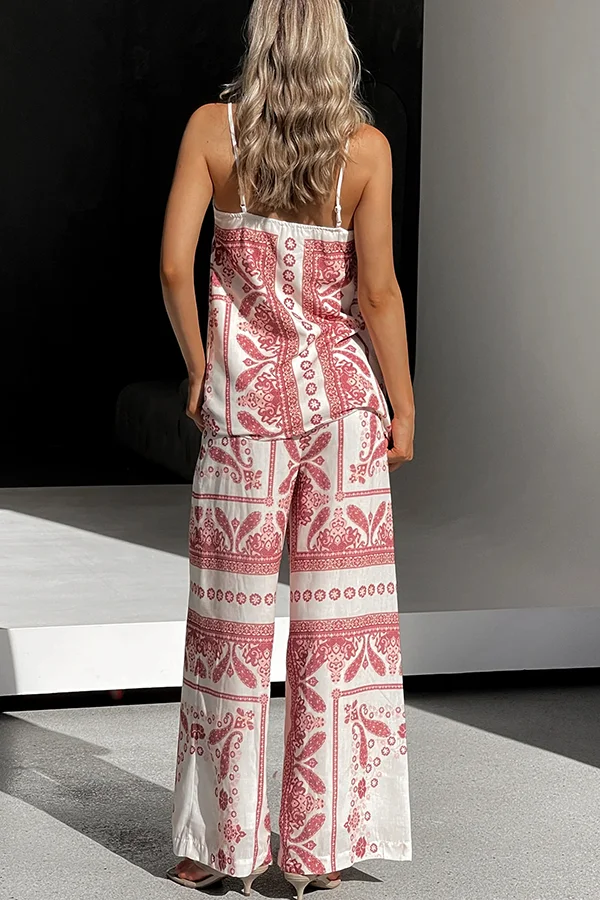 Unique Print Loose Casual Tank Top and Elastic Waist Wide Leg Straight Pants Set