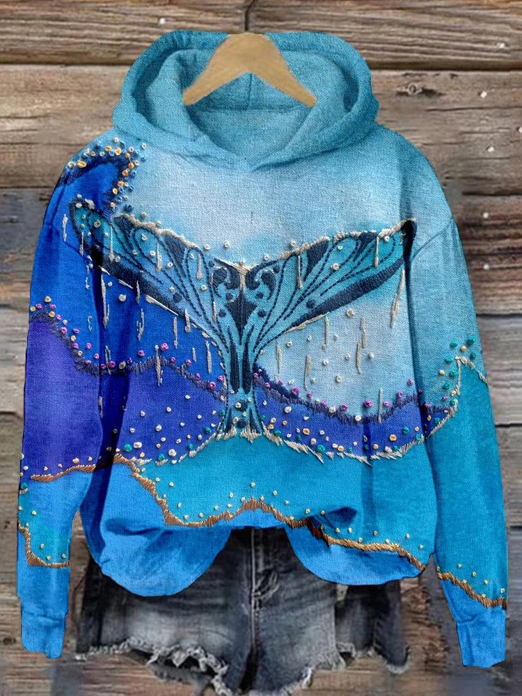 VChics Fishtails and Waves Embroidery Art Comfy Hoodie
