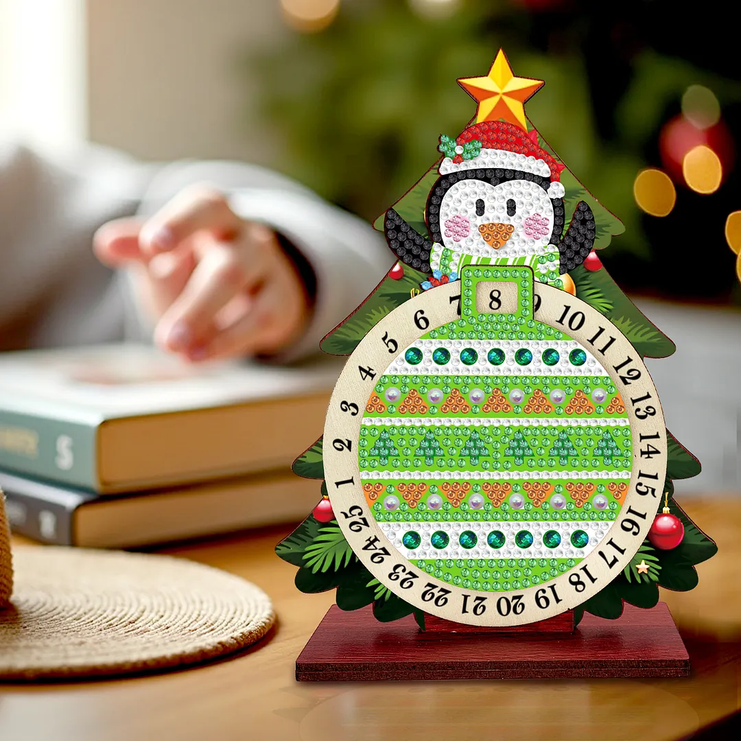 Penguin DIY Christmas Countdown Diamond Painting Tabletop Ornaments Kit 25 Days Crystal Art Craft Decoration Wooden for Living Room Home Office Decoration
