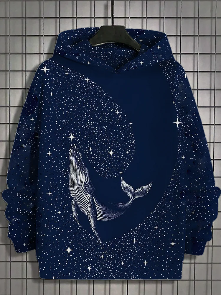 Men's Starry Whale Art Print Long Sleeve Casual Hoodie