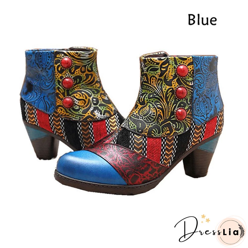 Ladies Fashion Round Toe Patent Leather High Thick Heel Stitching Casual Side Zipper Martin Boots