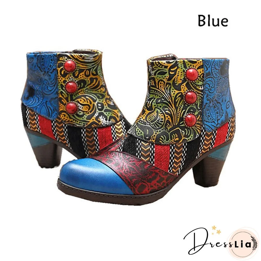 Ladies Fashion Round Toe Patent Leather High Thick Heel Stitching Casual Side Zipper Martin Boots