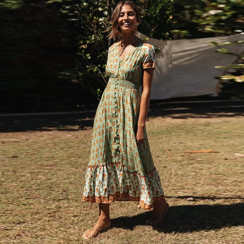 bohemian women cotton dress 2021 summer short sleeve aline elegant dresses femme sling button holiday print dress rode vestido