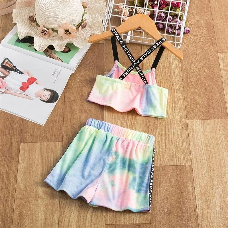 Summer Girls Tie Dye Clothing Set Gradient Sling Sleeveless Crop Tops+Pants Baby Kids Tracksuit Children Rainbow Party Beachwear