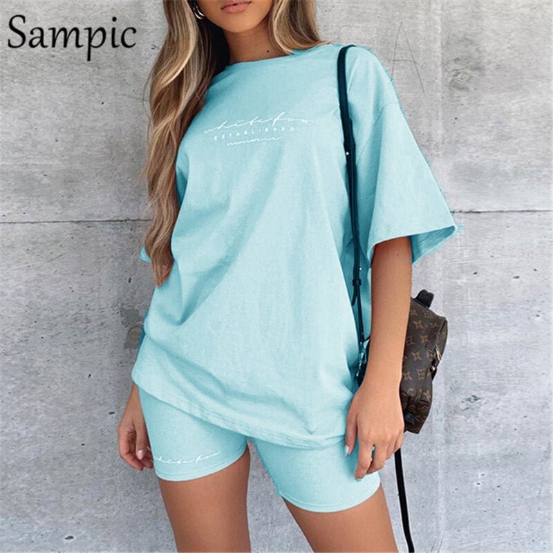 Sampic Summer Fashion O Neck Black Women Sets Loose Short Sleeve Shirt Tops And Bodycon Shorts Bottom Suit Two Piece Set Outfits