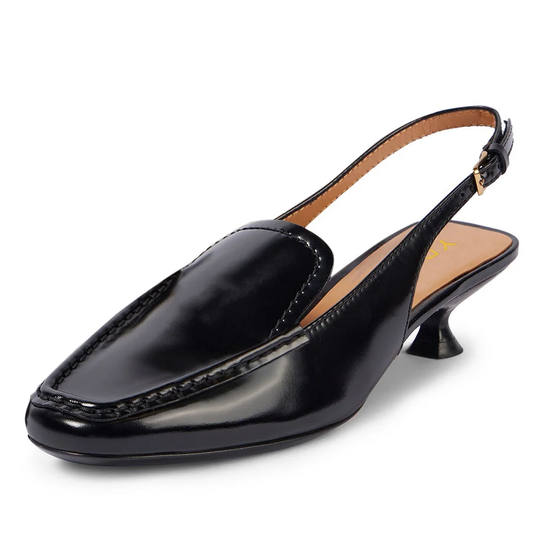 Square Toe Slip-On Spool Heel Slingback Loafer Shoes Women in Black